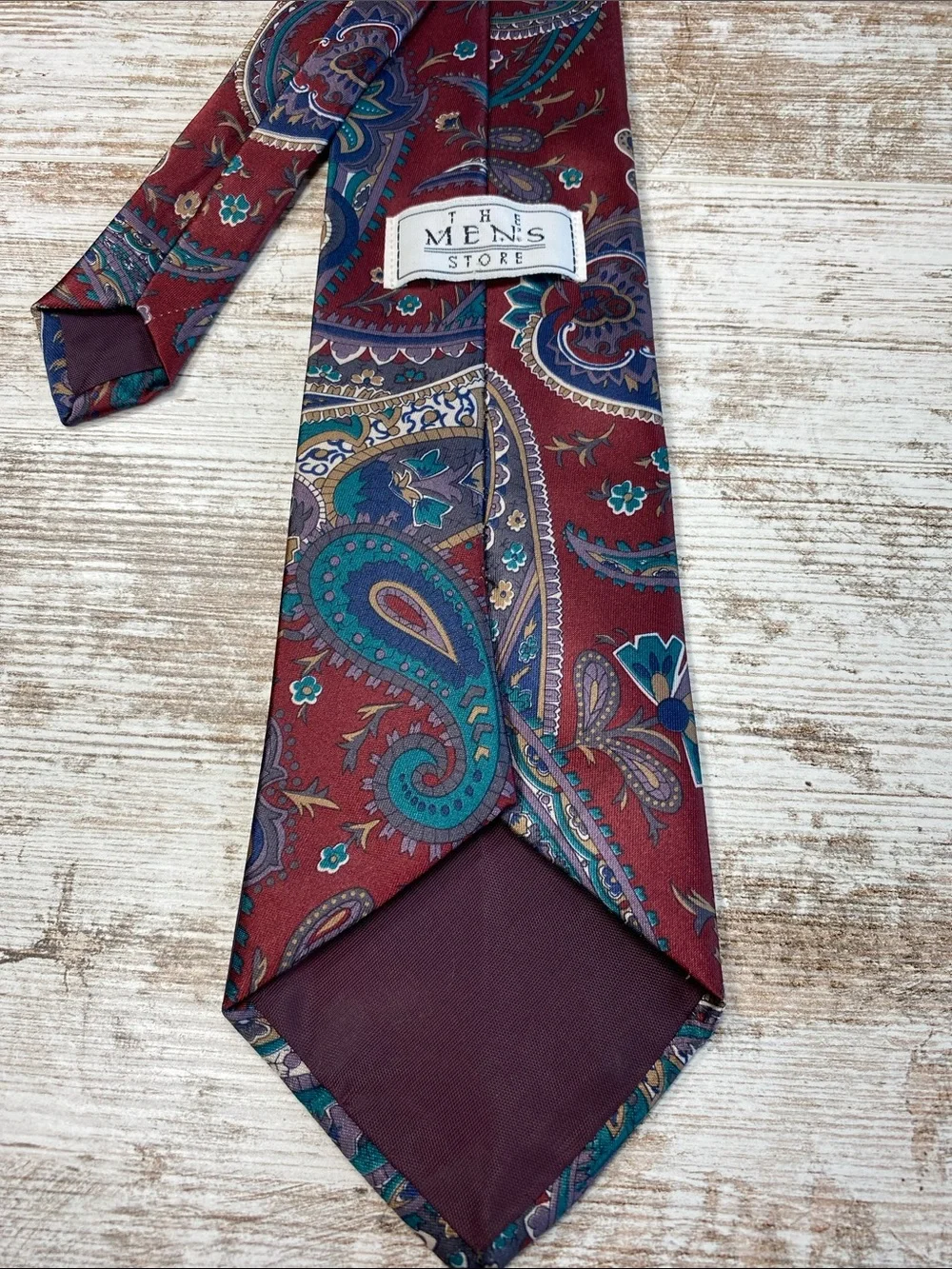 The Men's Store Clip-On 90s Burgundy and Teal Paisley Silk Tie